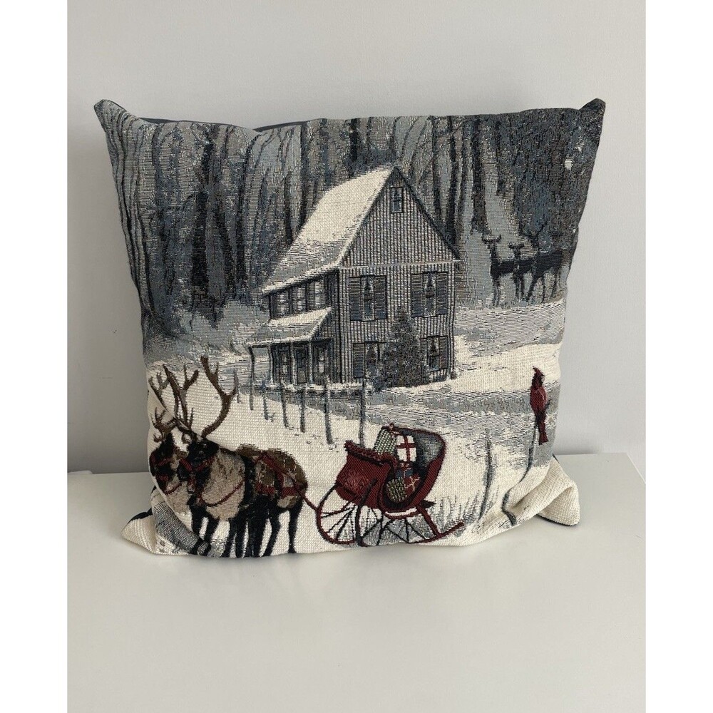 Tapestry Holiday Accent Pillow Farmhouse Sleigh Winter Scene Christmas 18x18